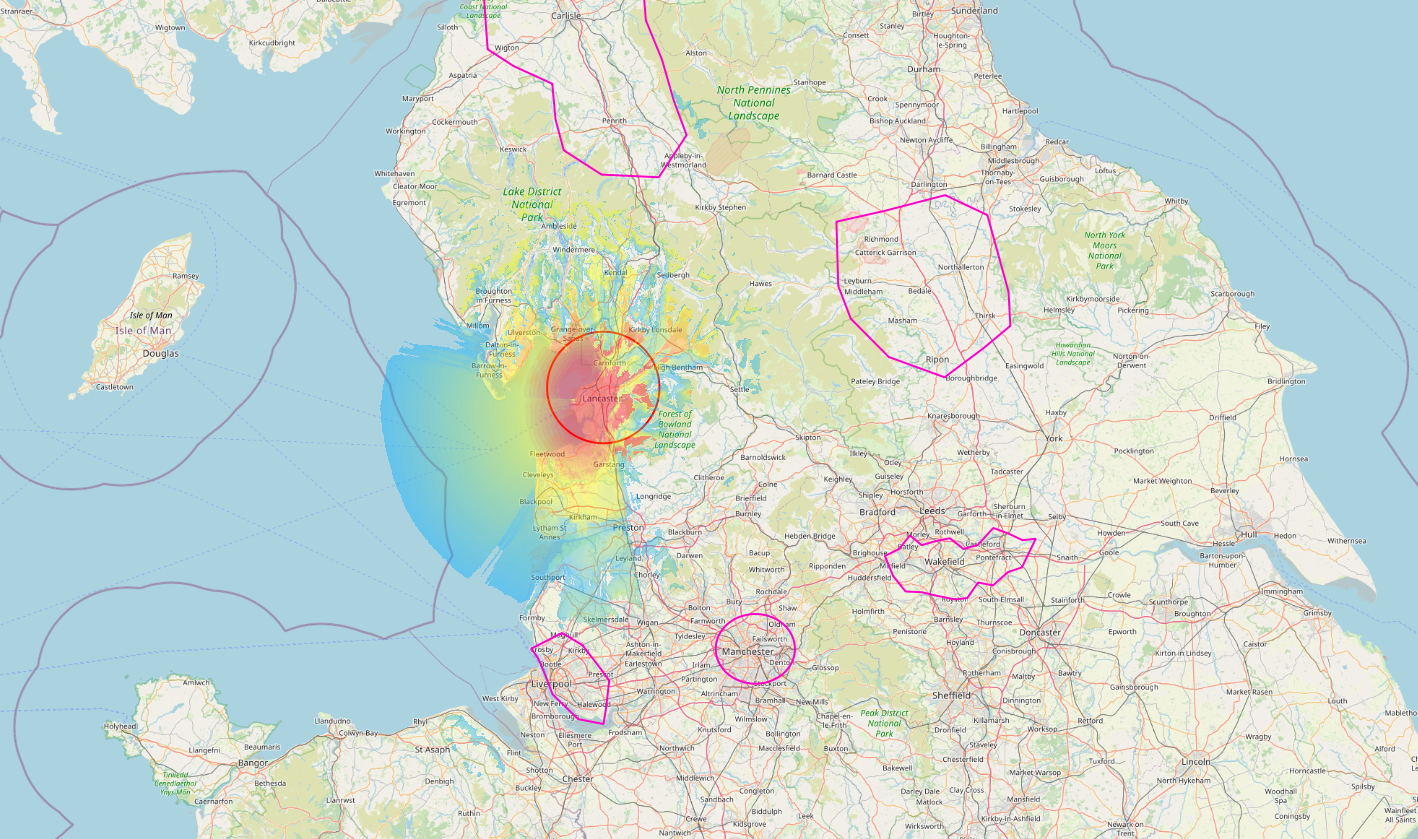 North Lancashire DAB coverage prediction map showing signal strength across Lancaster, Morecambe, Carnforth and surrounding areas